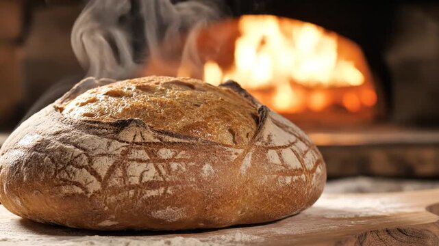 Freshly baked artisan bread loaf with textured crust and fire in background