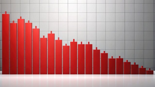 A red bar chart displaying a consistent downward trend against a gray grid background, illustrating decreasing values over time.
