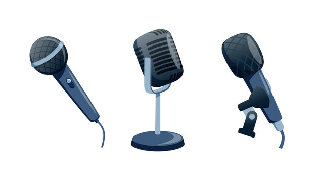 Professional vector set of various microphone types for high-quality audio recording. Includes studio condenser, dynamic