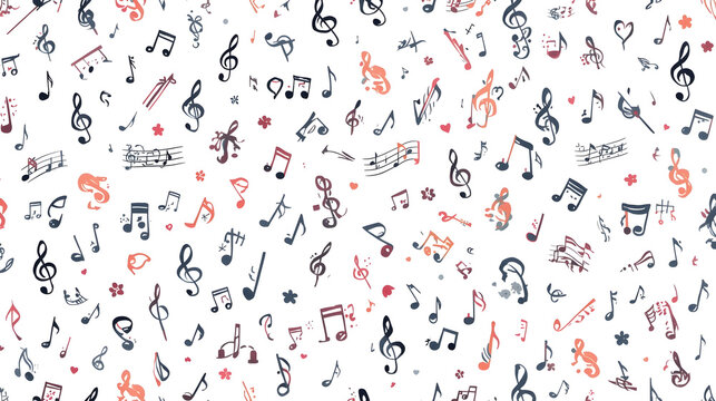 A whimsical and charming pattern of hand-drawn musical notes and symbols scattered across a white background, evoking a sense of creativity and melody.