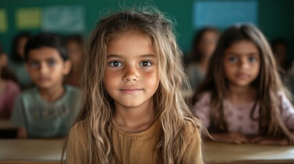 Fototapeta premium An innocent girl gazes directly at the camera in a classroom setting filled with children, capturing the essence of curiosity, learning, innocence, and the future of education.