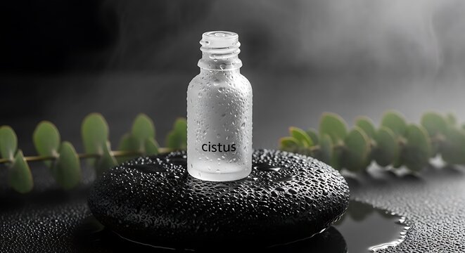 Cistus essential oil in a frosted glass bottle resting on a wet black stone with green leaves in a dark misty environment for a premium spa wellness concept