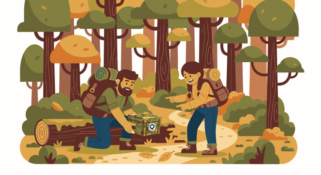 Two hikers explore forest trail with map and compass in hand