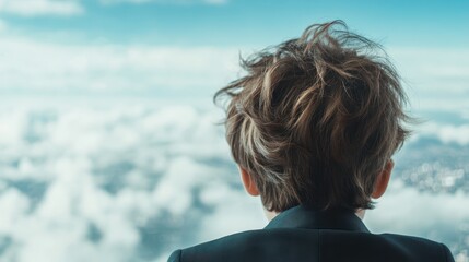 Fototapeta premium A thoughtful child looks out at fluffy clouds from a high vantage point, embodying curiosity and wonder, reflecting the beauty and vastness of the sky and imagination.