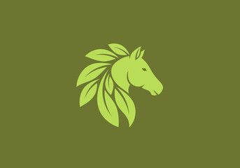 Green minimalist horse head logo with organic leaf mane © pikri