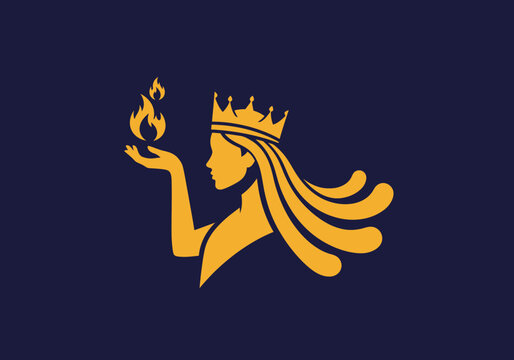 Gold queen silhouette with crown holding flame on blue background