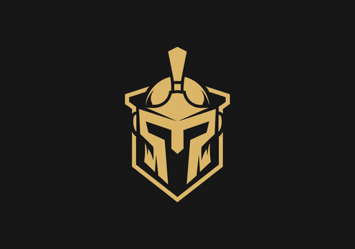 Gold spartan helmet warrior logo on dark background