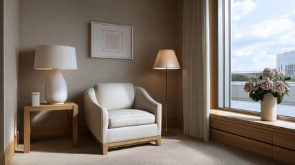 Fototapeta premium Cozy modern living room with beige armchair, wooden side table, floor lamp, large window, and flower vase