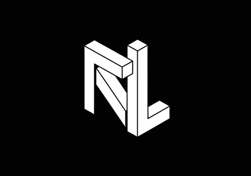 Isometric impossible letters NL monogram logo on black background