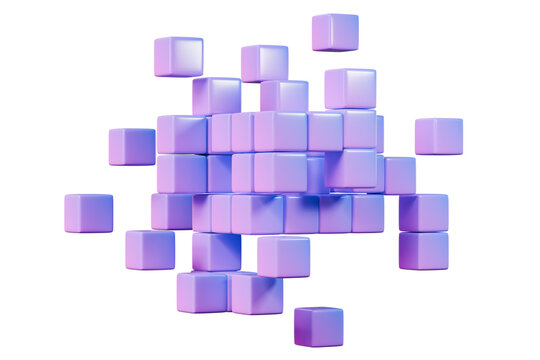 3d big data cubes icon. digital data blocks concept. minimal cartoon purple cube cluster with floating squares. isolated on white transparent background. 3d render.