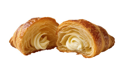 Fototapeta premium Golden flaky croissant pastry filled with creamy vanilla custard, isolated on transparent background