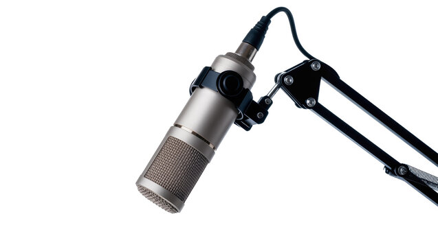 Professional condenser microphone on adjustable boom arm, isolated on transparent background