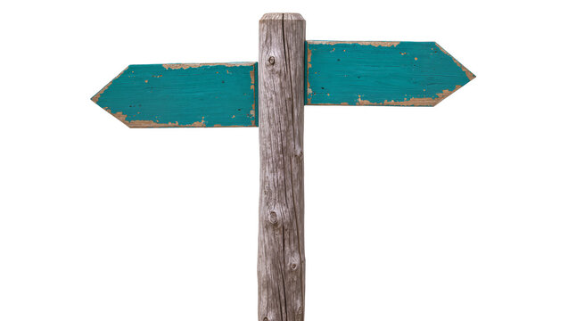 Weathered wooden post with two teal directional signs, isolated on transparent background