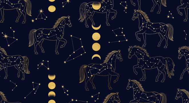 celestial horse constellation seamless pattern with moon phases on dark blue