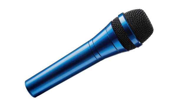 Shiny blue metallic microphone with black mesh grille, isolated on transparent background