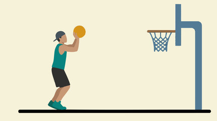 Minimalist illustration of a basketball player shooting towards the hoop © ColorAsia