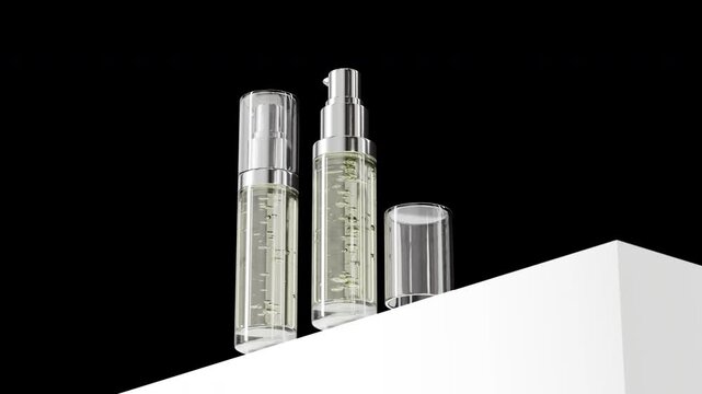 Glass serum pump bottle promo packaging mockup, luxury skincare product video, no background, transparent alpha channel, 4K skincare packaging render