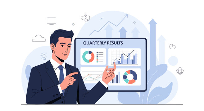 Businessman presenting quarterly financial results with charts and graphs on screen