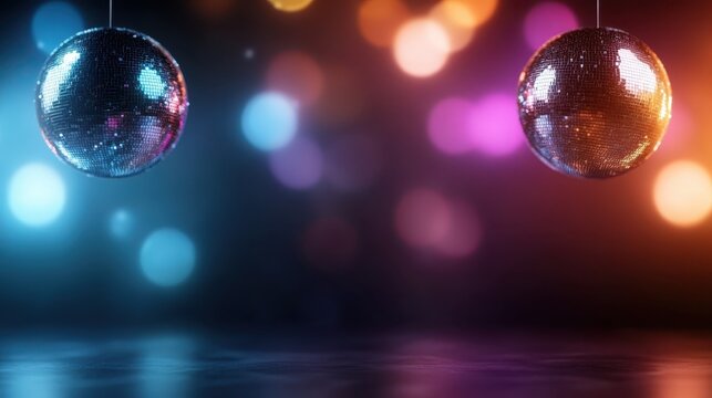 Reflective disco balls hang elegantly, emitting colorful rays of light, embodying a vibrant atmosphere synonymous with dance, celebration, and artistic expression in nightlife.