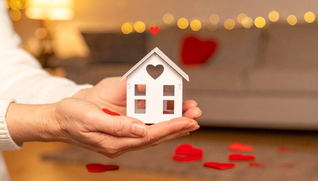 &ldquo;A hand gently holds a small white house with a heart cutout, red hearts floating upward into warm light. The blurred living room background radiates comfort, symbolizing love, family, and the warmth 