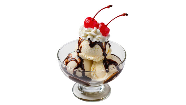 Creamy vanilla ice cream sundae with chocolate syrup and cherries, isolated on transparent background
