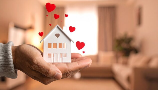 &ldquo;A hand gently holds a small white house with a heart cutout, red hearts floating upward into warm light. The blurred living room background radiates comfort, symbolizing love, family, and the warmth 