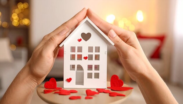 &ldquo;A hand gently holds a small white house with a heart cutout, red hearts floating upward into warm light. The blurred living room background radiates comfort, symbolizing love, family, and the warmth 