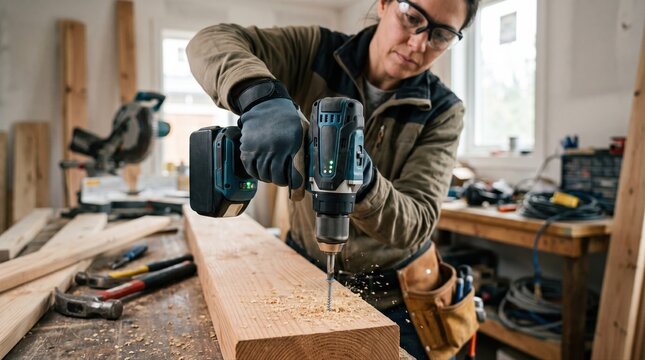 Medium shot showcasing a smart power drill equipped with accelerometers capturing motion data to optimize performance and predict potential tool failures during operation.