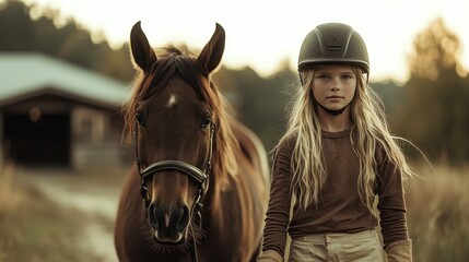 Obraz premium A young girl stands confidently beside her horse in a serene countryside setting, embodying the bond between humans and animals amidst natural beauty.