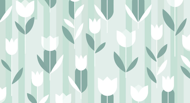 stylized floral pattern of white tulip flowers a seamless background with fresh spring design green stripes for modern decor.