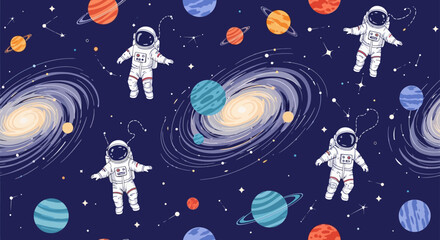 Fototapeta premium whimsical astronaut space pattern with planets and galaxies seamless background
