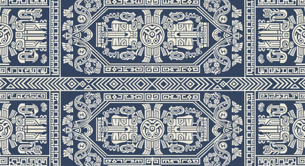 Obraz premium ancient aztec seamless pattern with intricate tribal geometric cultural motifs on a dark blue background ideal for textile design.