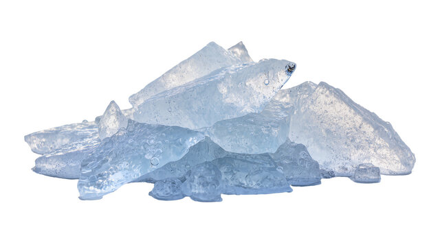 Pile of jagged translucent ice shards with small air bubbles, isolated on transparent background