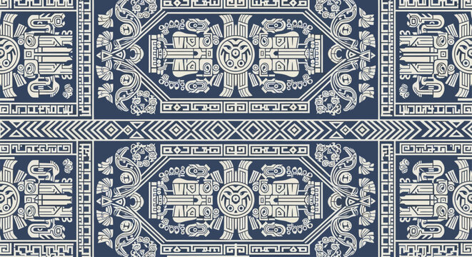 ancient aztec seamless pattern with intricate tribal geometric cultural motifs on a dark blue background ideal for textile design.