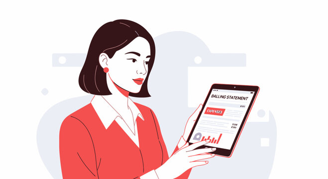 Businesswoman reviewing billing statement on tablet, modern flat design