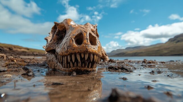 A striking view of an ancient dragon skull resting on the shore, surrounded by water and distant hills, evoking a sense of fantasy and mystery in a surreal landscape.
