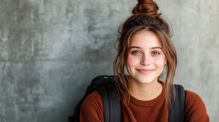 Naklejka premium A joyful young girl with a stylish bun poses against a textured wall, showcasing her bright smile and casual brown sweater. An inviting and youthful portrait.