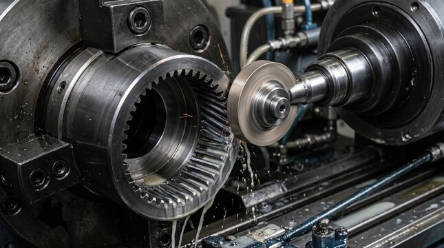 Detailed view of fine grinding operation on internal gears used in hand drivers focusing on precision abrasive wheel smoothing gear teeth for enhanced durability and performance.