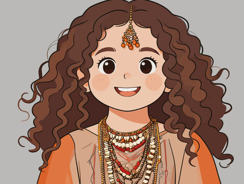 Cute Cartoon South Asian Girl with Traditional Jewelry and Curly Hair