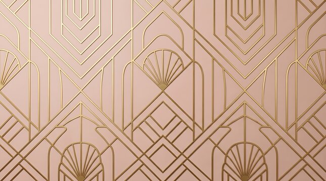 Luxury Art Deco geometric pattern with metallic gold lines on soft blush pink background for elegant backdrop