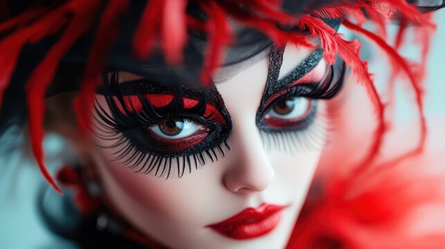 This striking portrait showcases a model with vivid red and black makeup, featuring dramatic eyelashes and a captivating gaze against a soft background.