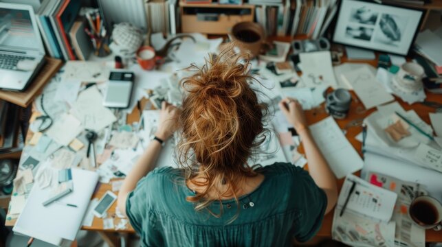 A cluttered workspace filled with sketches, notes, and creative tools captures the essence of artistry, innovation, and the chaotic beauty inherent in the creative process and idea generation.