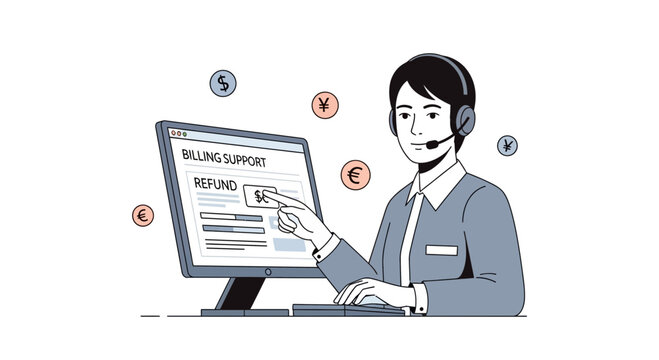 Customer service agent handling refund requests on computer, currency symbols.