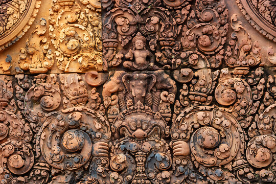 Close-up detail of Khmer bas-relief at Banteay Srei temple, Angkor.