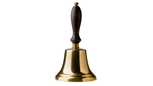 Polished brass hand bell with dark wood handle, isolated on transparent background