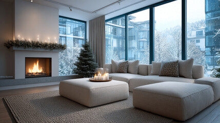 Fototapeta premium Cozy modern living room with fireplace large window winter snow neutral sofa candle rug tree peaceful atmosphere