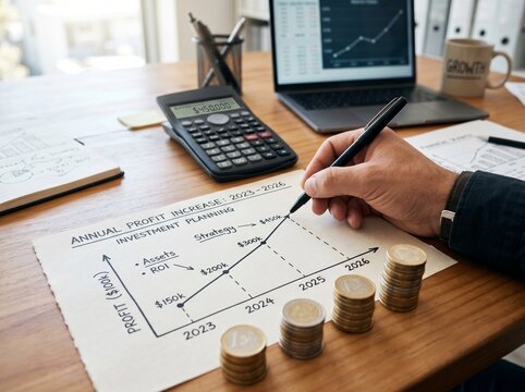 Hand writing on annual profit increase graph with calculator