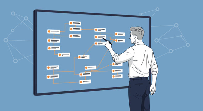 Man presenting business flowchart on digital screen