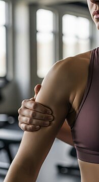 Woman holding sore arm in gym, close-up on shoulder and bicep, fitness pain concept