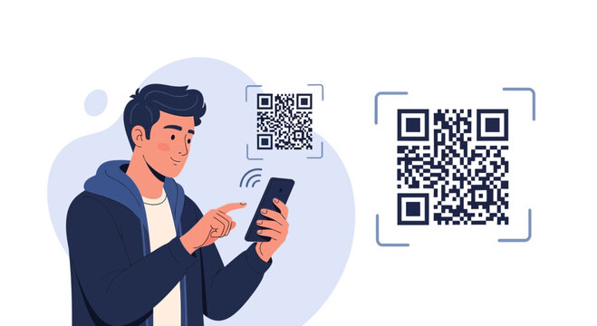 Man scanning QR code with smartphone, digital payment, technology concept.